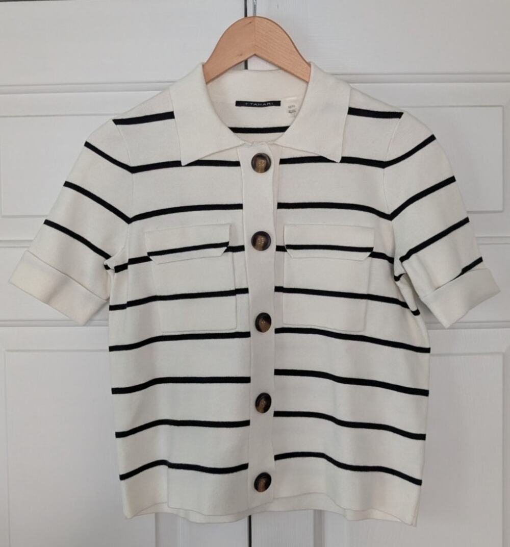 T Tahari Short Sleeve Striped Cardigan Sweater